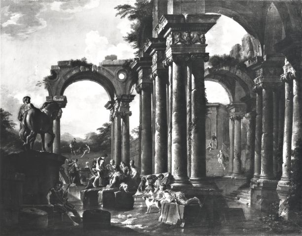A. C. Cooper — Panini Giovanni Paolo - ambito - sec. XVIII - Capriccio con rovine classiche e figure — insieme